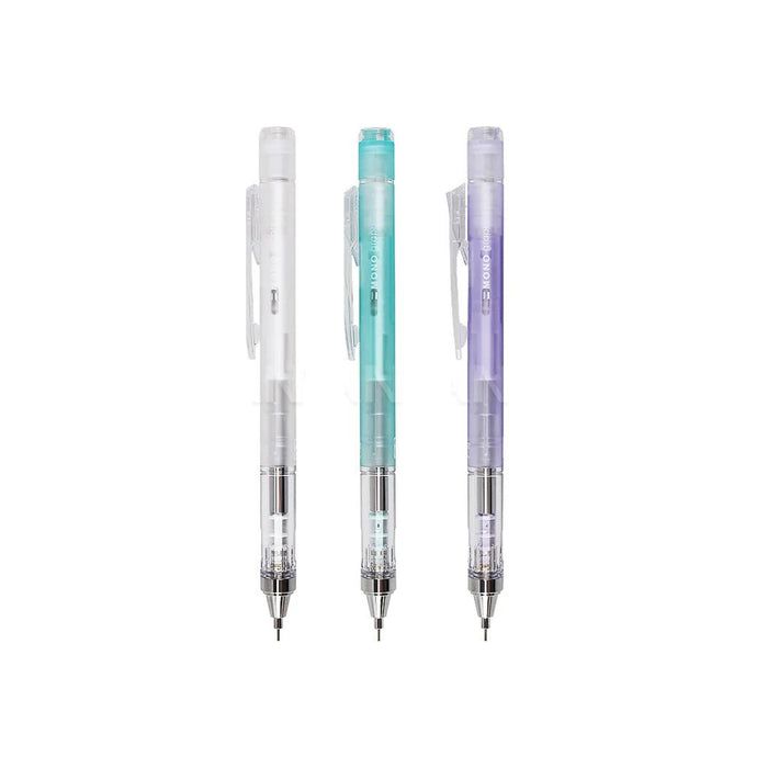 0.3mm - Full range of Tombow MONO Graph mechanical pencils in soft pastel purple, green, clear.