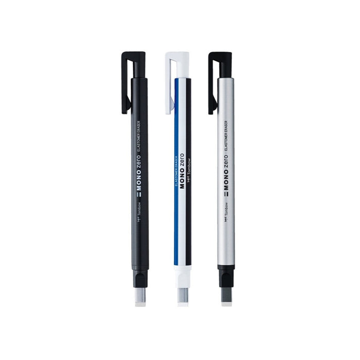 Tombow MONO Zero square retractable erasers shown together in black, silver and stripe.
