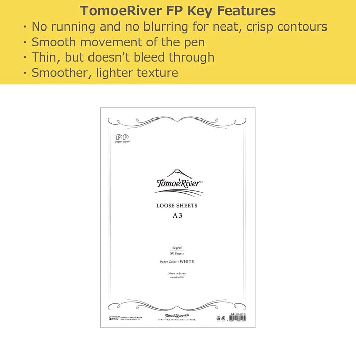Product information sheet for Tomoe River Sakae TP A3 Loose Leaf Writing Paper Plain highlighting fountain pen compatibility.