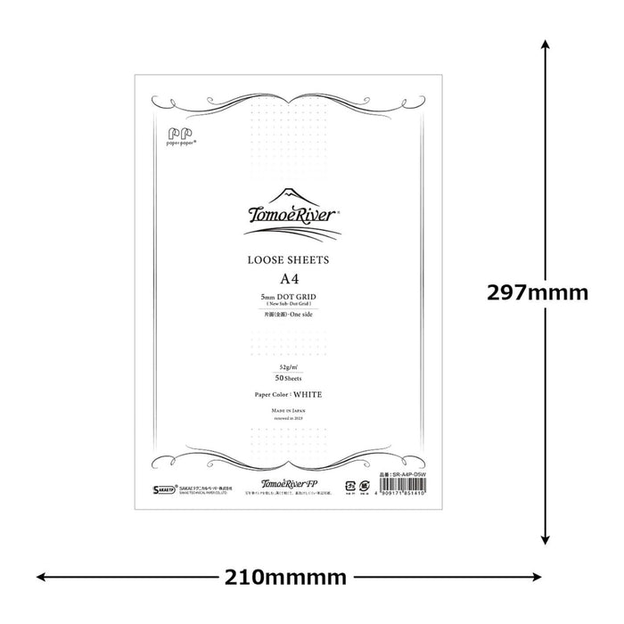 Tomoe River Sakae TP Dot Grid 5mm white loose leaf writing paper with size dimensions indicated.