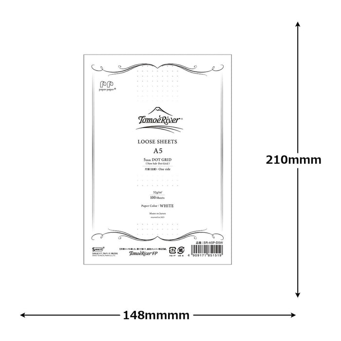 Tomoe River Sakae TP Dot Grid 5mm white loose leaf writing paper shown a5 dimensions.