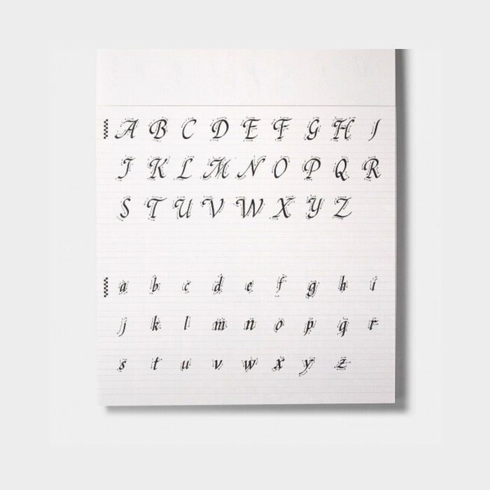 Uppercase and lowercase handwritten Chancery Cursive calligraphy on practice paper.