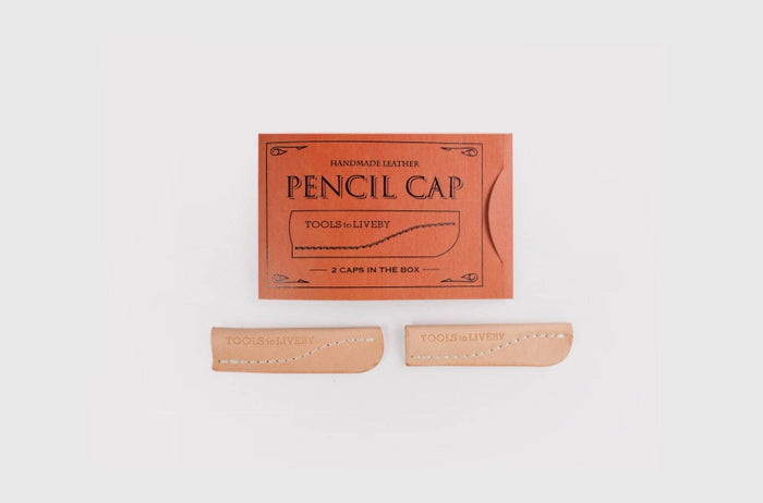 Natural - Tools to Live By leather pencil caps set with branded packaging and accessories.