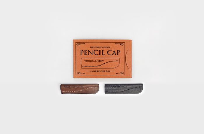 Brown Black - Tools to Live By leather pencil caps set with branded packaging and accessories.