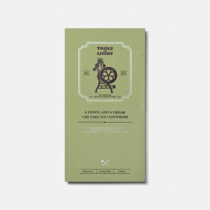 Tools To Live By letterpress machine dot notebook with green cover.