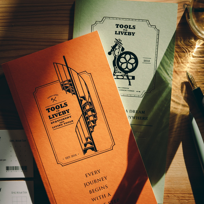 Tools To Live By Spiral Staircase Grid Notebook styled with warm lighting and stationery