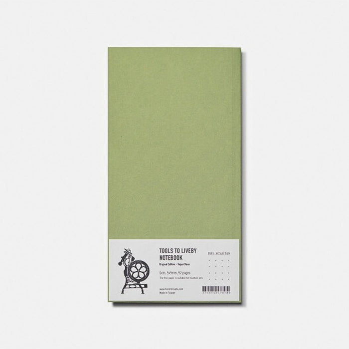 Back cover of Tools To Live By letterpress machine dot notebook in green.
