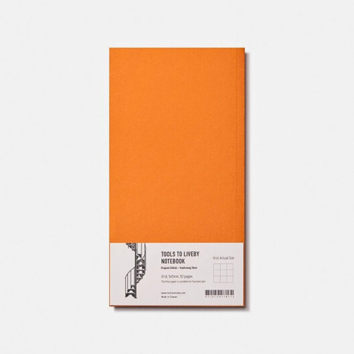 Tools To Live By Spiral Staircase Grid Notebook back cover in orange with minimal design