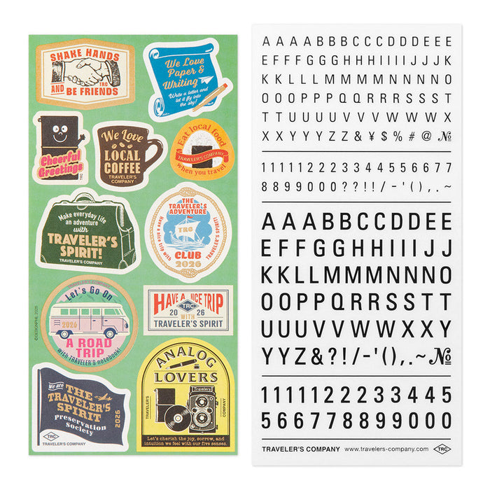 Assorted retro-style label stickers from the Traveler’s Notebook 2026 Diary Customised Sticker Set, colourful and decorative.
