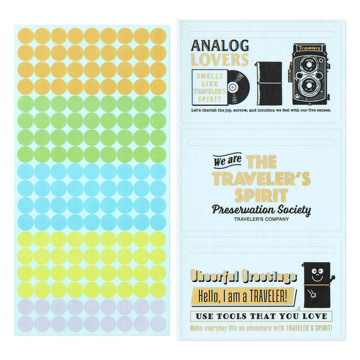Sticker sheets from Traveler’s Notebook 2026 Diary Customised Sticker Set with letters, icons, and colourful patterns.