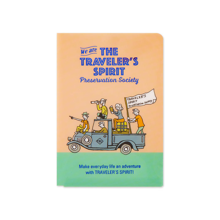 Traveler’s Notebook 2026 Edition Clear Folder Passport Size in peach and green with playful illustration of a road trip scene.