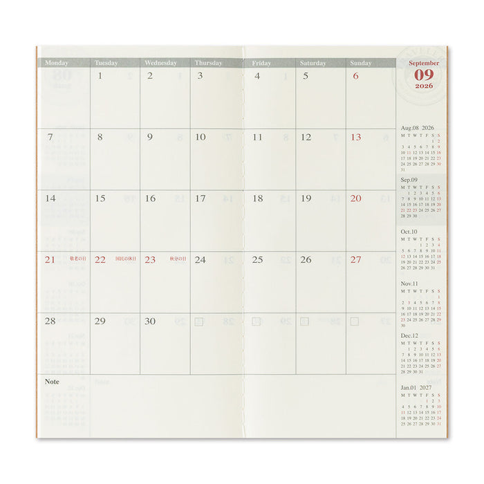Monthly planner spread from Traveler’s Notebook 2026 Monthly Diary Refill Regular Size with dated calendar grid.
