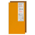 Front cover of Traveler’s Notebook 2026 Weekly Vertical Diary Refill Regular Size, set of two in mustard yellow with silver label band.