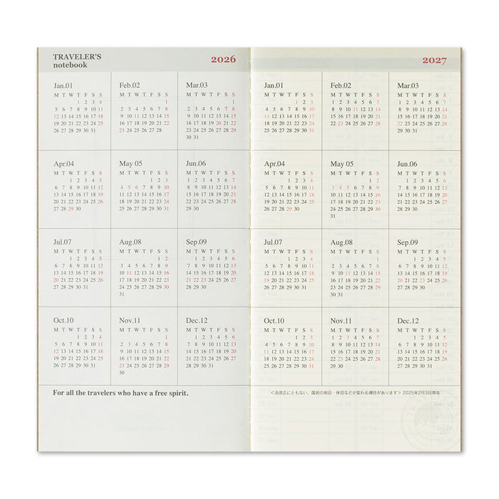 Traveler’s Notebook 2026 Weekly Vertical Diary Refill – Regular Size (Set of 2), shown from the front.