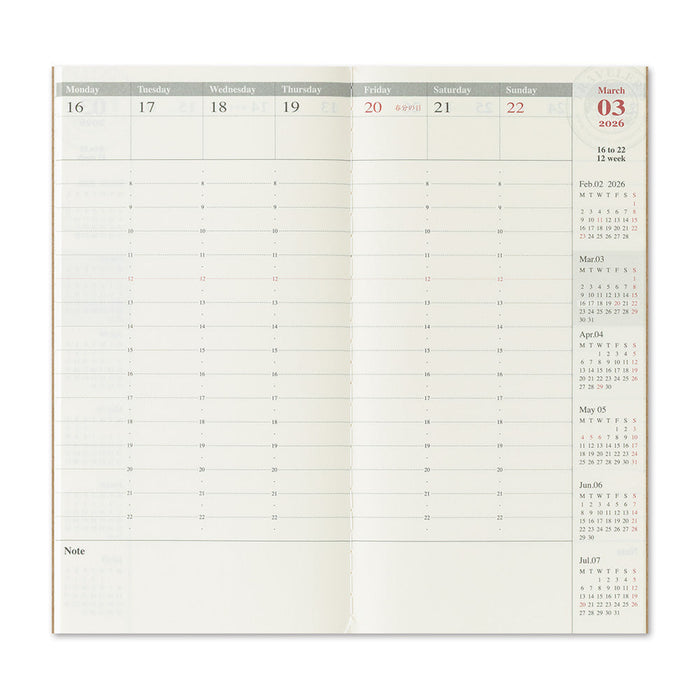 Traveler’s Notebook 2026 Weekly Vertical Diary Refill – Regular Size (Set of 2), detail view of the design.