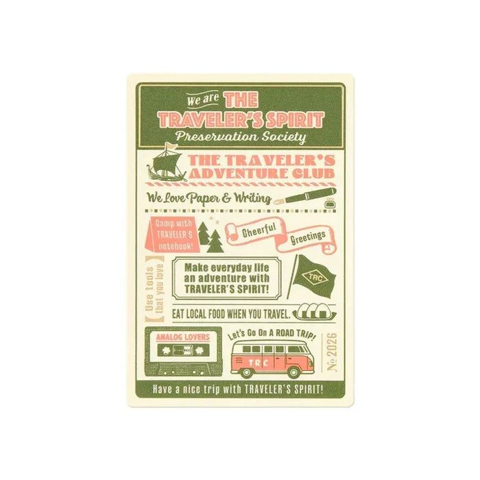 Front view of Traveler’s Notebook Passport Size Plastic Sheet 2026 Edition with retro green and red printed design.