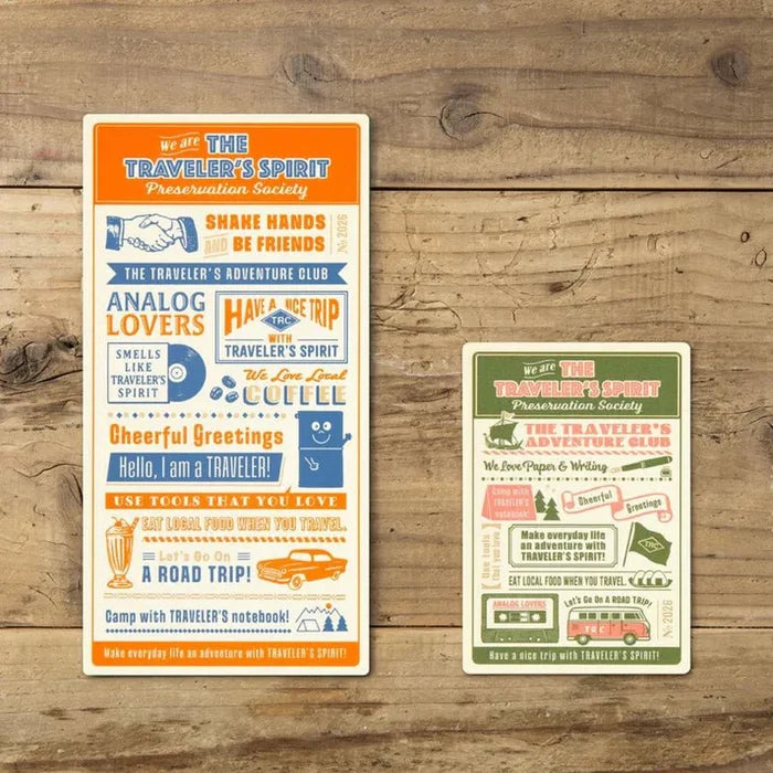 Traveler’s Notebook Passport Size Plastic Sheet 2026 Edition in orange variant with bold retro typography and illustrations.