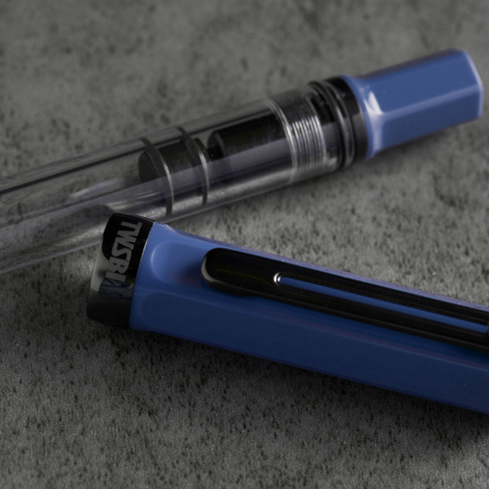 TWSBI ECO Slate Blue with Onyx Fountain Pen, close-up view.