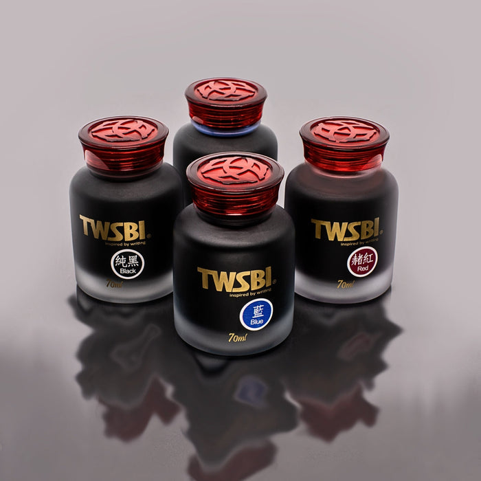 Group of TWSBI fountain pen ink 70ml bottles shown together.