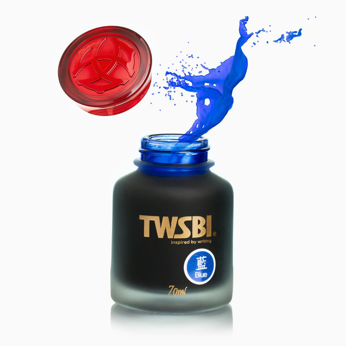 TWSBI fountain pen ink 70ml bottle with blue ink splash effect.