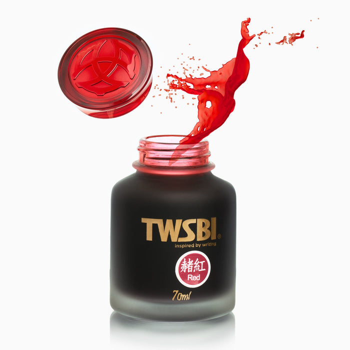 TWSBI fountain pen ink 70ml bottle with red ink splash effect.