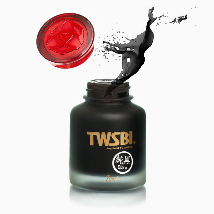 TWSBI fountain pen ink 70ml bottle with black ink splash effect.