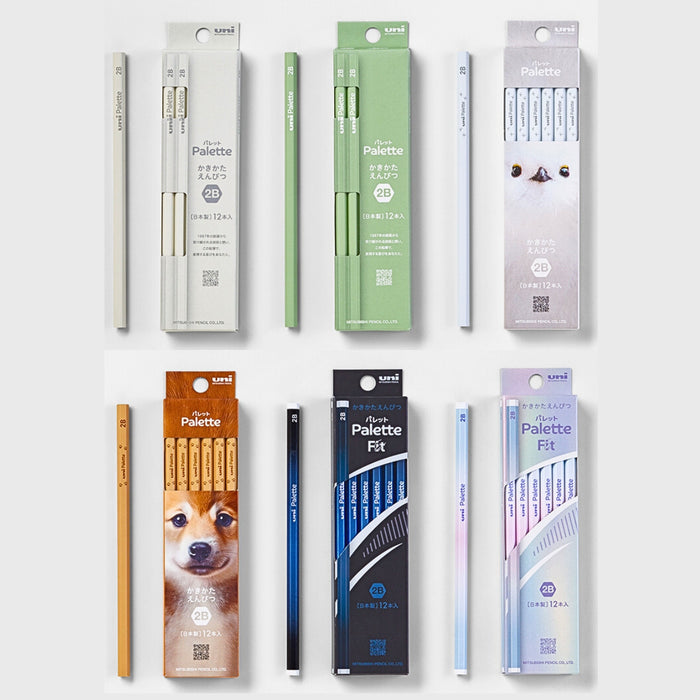 Full set of Mitsubishi Uni Palette pencils in New Colour Debut Set A packaging, showing multiple pastel and modern colour designs.