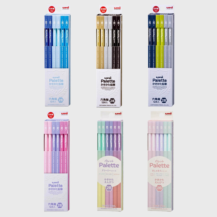 Mitsubishi Uni Palette Pencil New Colour Debut Set 2B showing assorted coloured pencil sets in retail packaging.