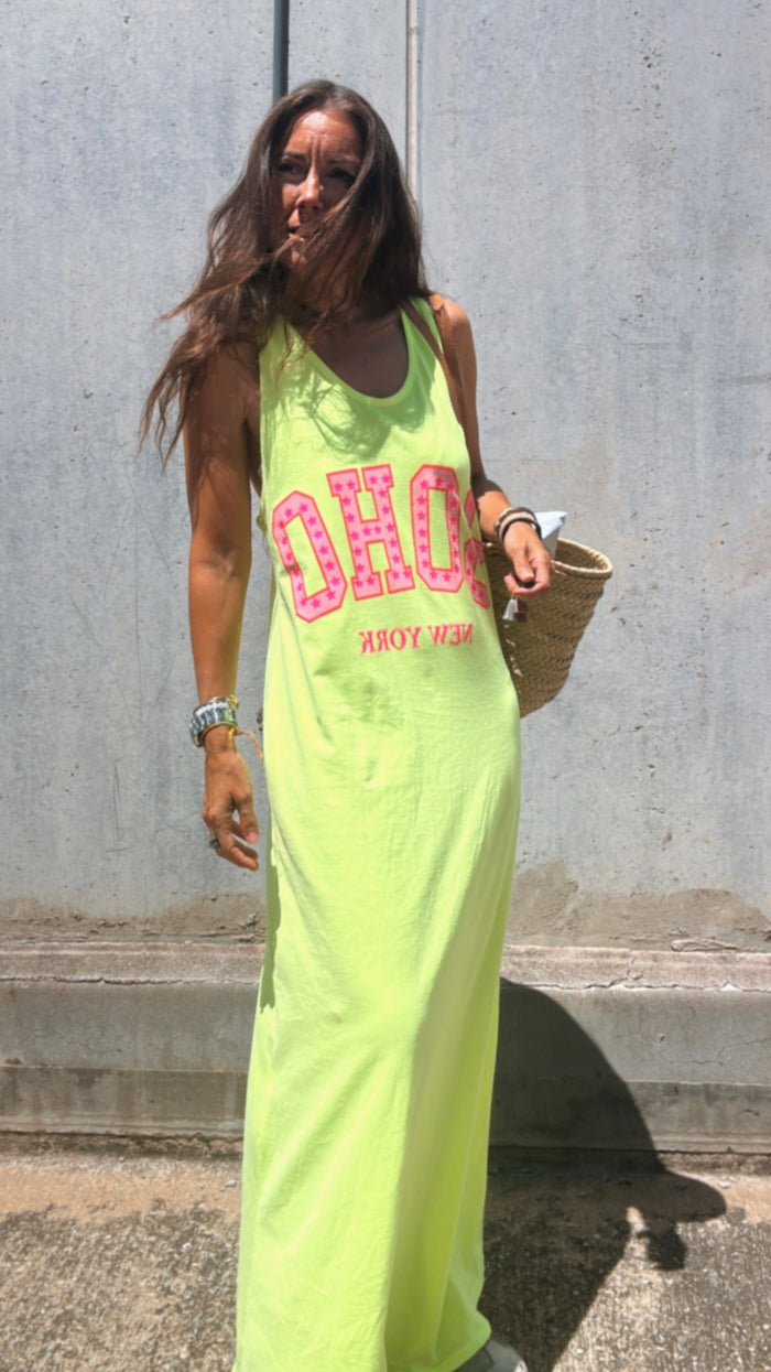 Vestido "SOHO time" en amarillo y rosa flúor