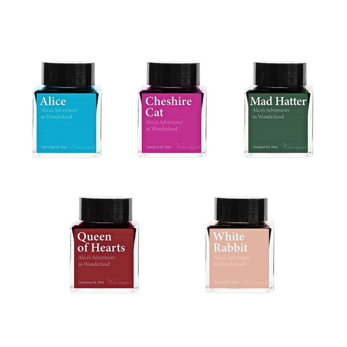 Assorted Wearingeul Alice in Wonderland fountain pen ink bottles featuring literary characters.