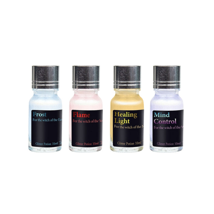 Assorted Wearingeul Becoming Witch Glitter Potion fountain pen ink bottles in multiple colours.
