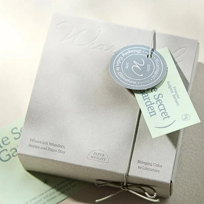 Wearingeul crystal ink paper weight packaging with label detail.
