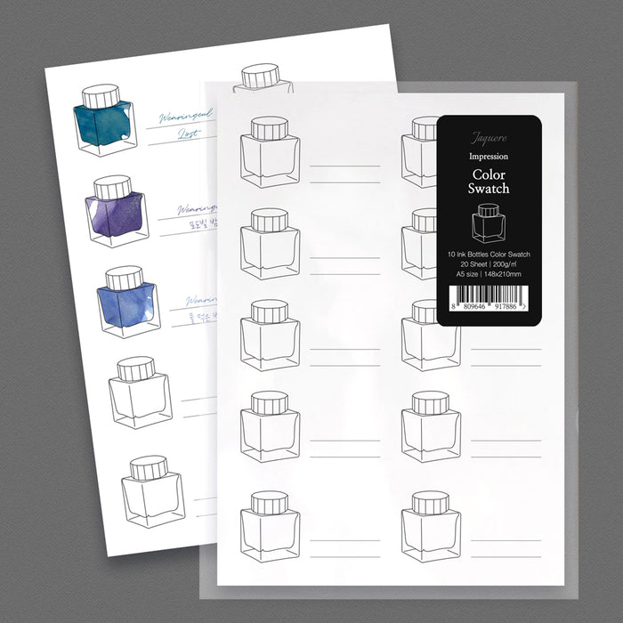 10 Ink Bottles - Wearingeul Impression Colour Swatch Paper A5 with repeated ink jar outline templates.
