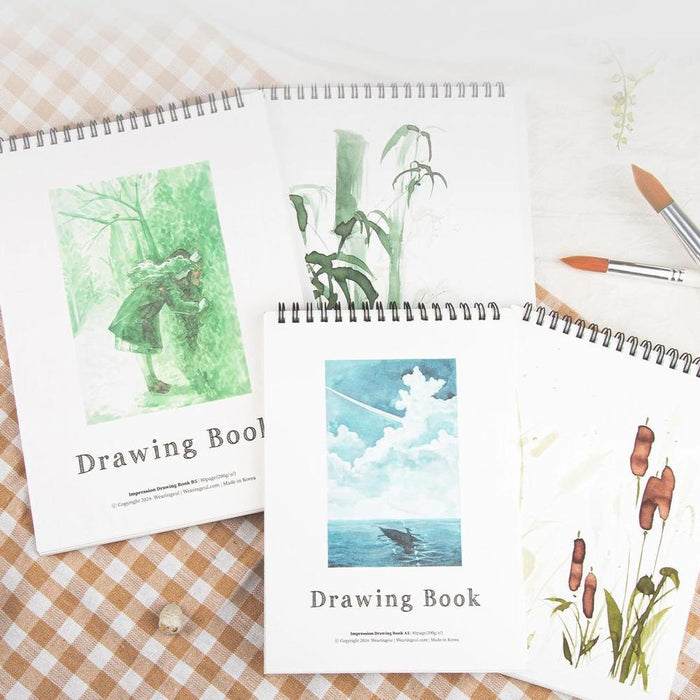 Wearingeul Impression Drawing Book showing finished ink and pencil artwork on multiple pages.