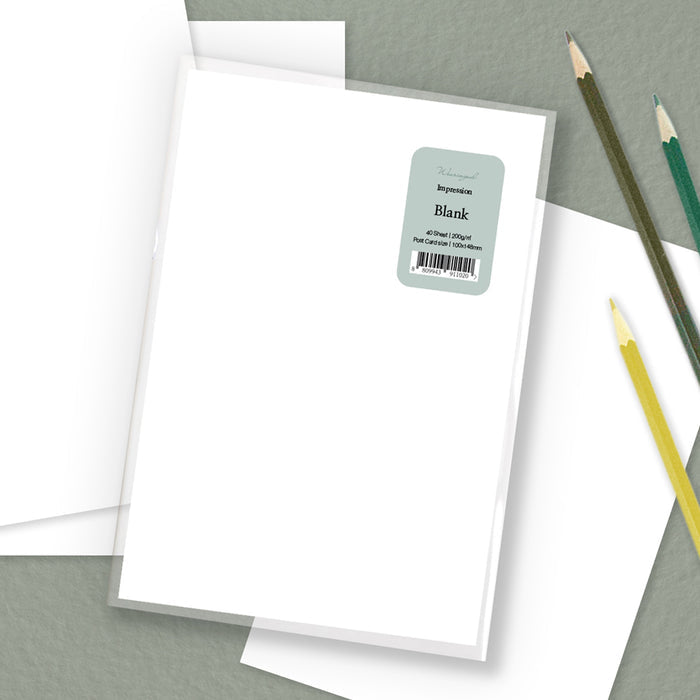 Post Card - Wearingeul Impression Paper Blank loose sheets shown with packaging label and pencils.