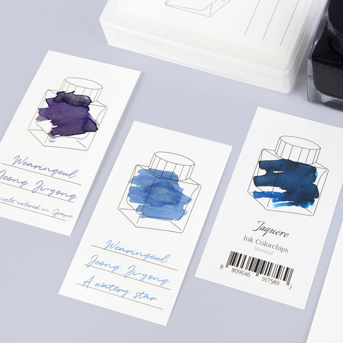 Vertical - Wearingeul Ink Colour Chart Cards filled with blue fountain pen ink swatches.