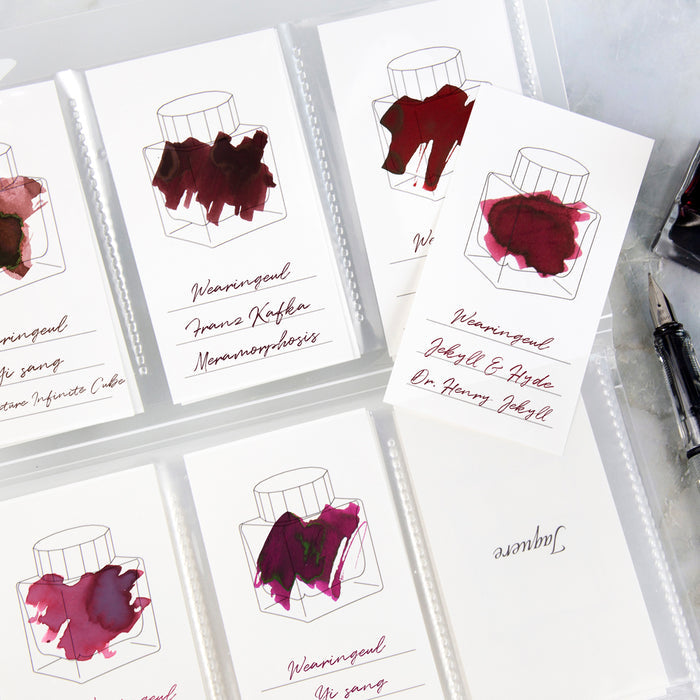 Vertical - Wearingeul Ink Colour Chart Cards displaying red ink swatches and shading.