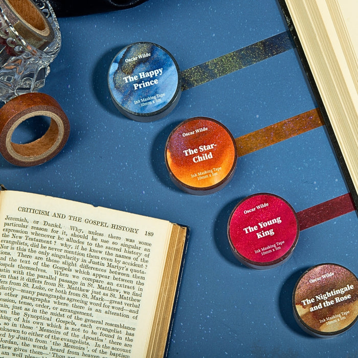 Wearingeul Oscar Wilde Fairy Tales ink masking tape rolls shown with books and stationery.