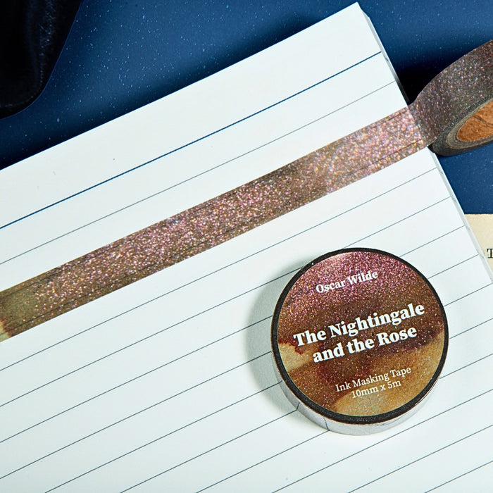 The Nightingale and the Rose - Wearingeul Oscar Wilde Fairy Tales ink masking tape applied to paper in brown and red tones.