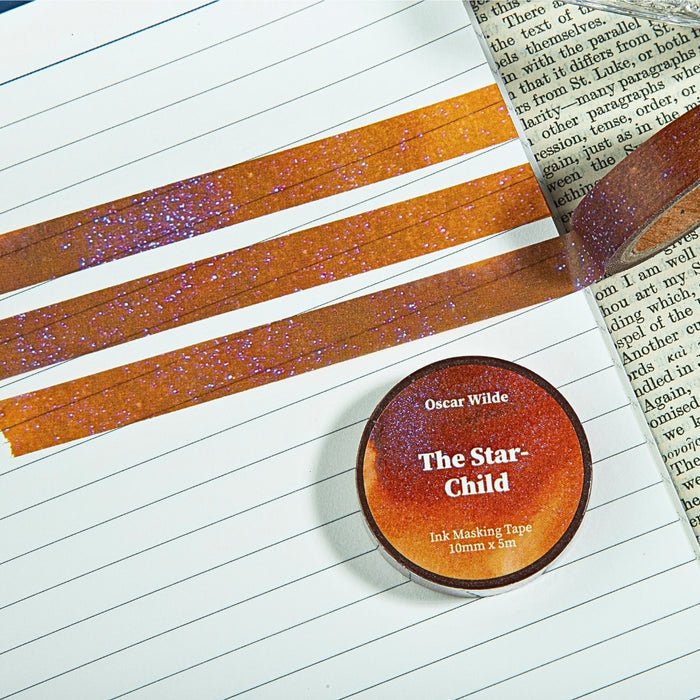 The Star Child - Wearingeul Oscar Wilde Fairy Tales ink masking tape in warm orange tones on notebook.