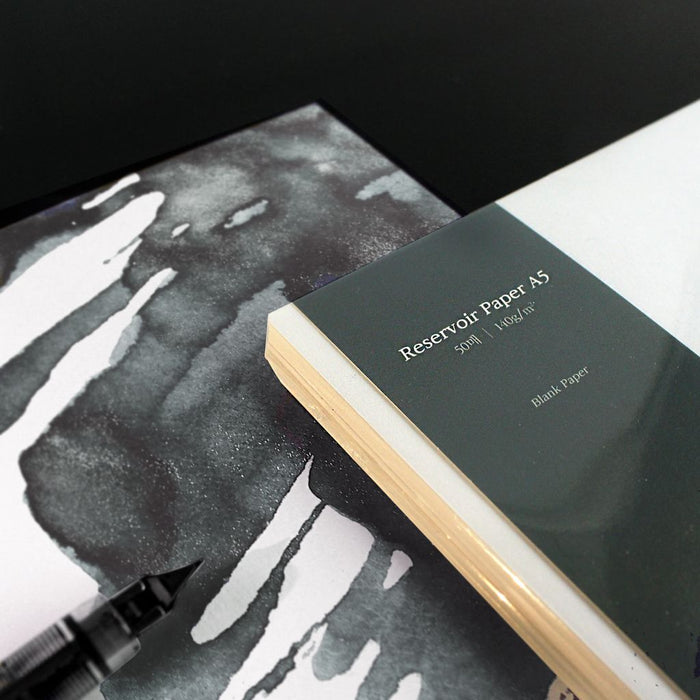 Wearingeul Reservoir Paper A5 sheets shown in styled flat lay with stationery.
