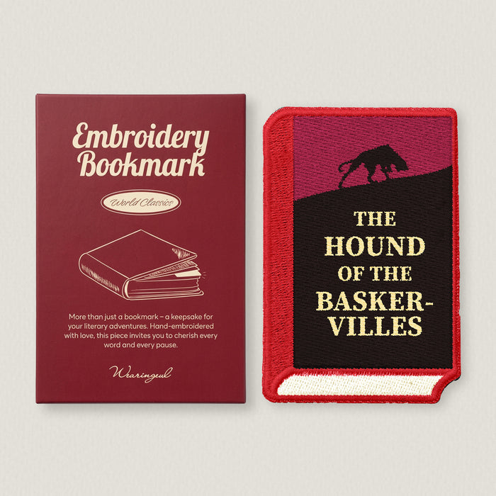 Wearingeul World Literature embroidery bookmark set with red and black embroidered book covers displayed side by side.