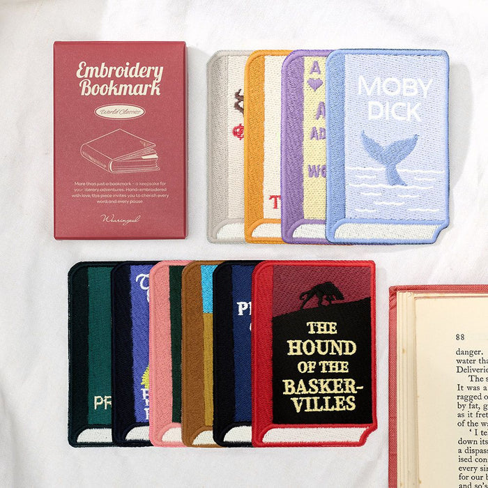 Complete Wearingeul World Literature embroidery bookmark set showing multiple classic literature designs.