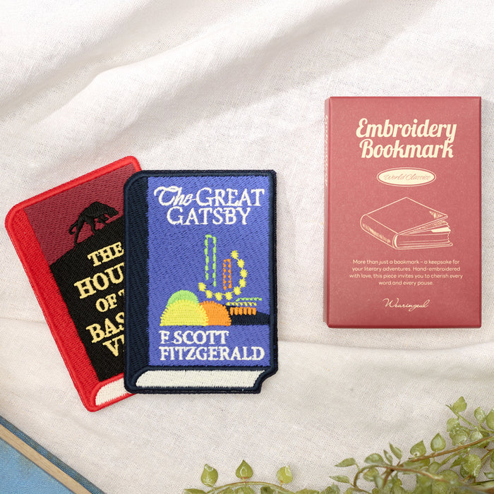 Flat lay of Wearingeul World Literature embroidered bookmarks inspired by classic novels.