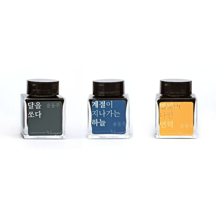 Wearingeul Yun Dong Ju literature ink bottles in assorted colours, each in a 30ml glass bottle.