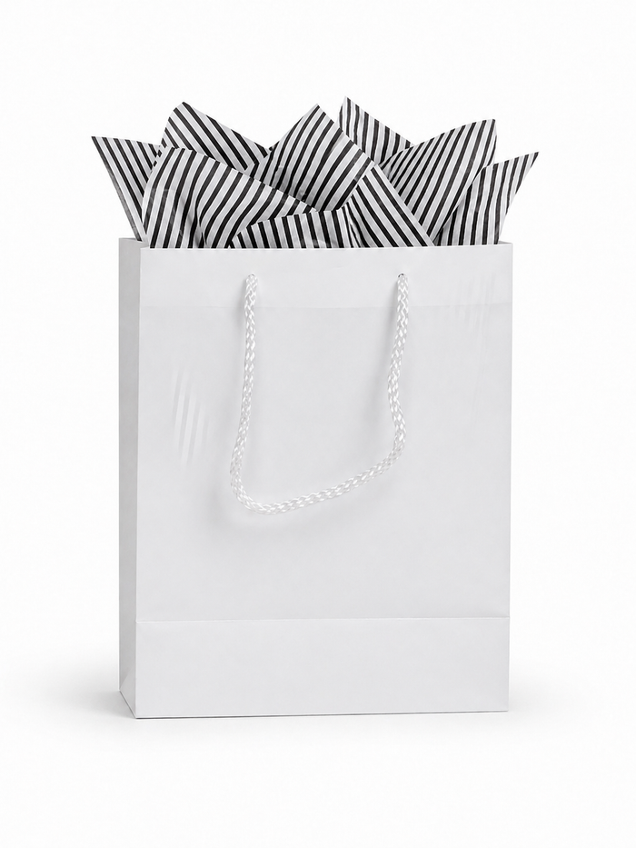 White Gift Bag with Black & White Striped Tissue Paper