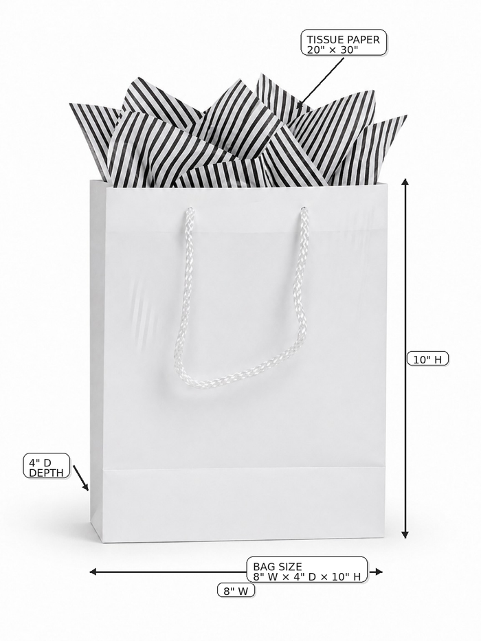 White Gift Bag with Black & White Striped Tissue Paper