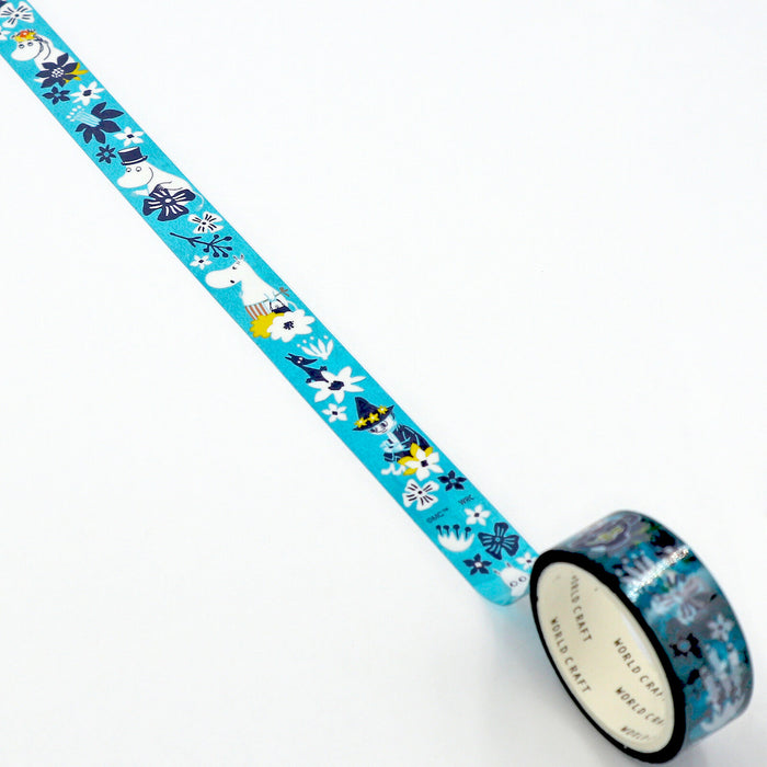 Moomin Flower LG Film Clear Tape unrolled, displaying playful Moomin characters with floral accents in blue, green, and white.