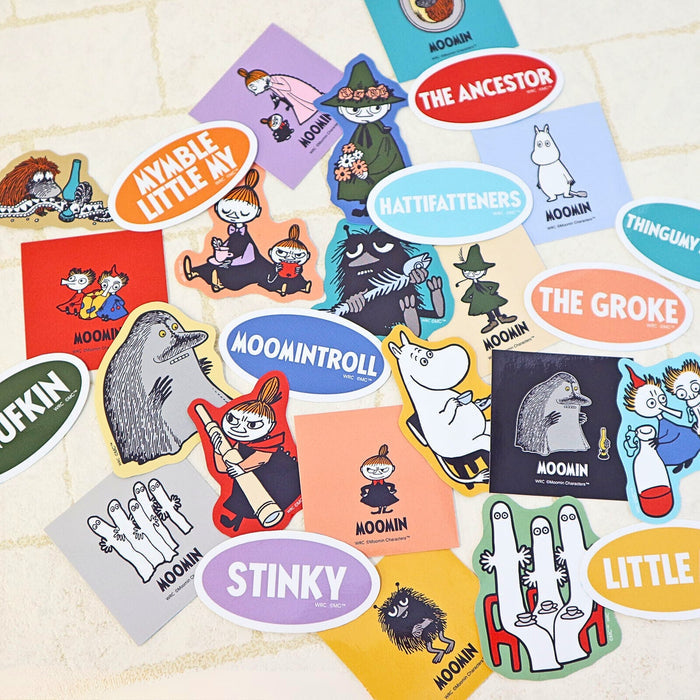 Assorted World Craft Moomin character stickers laid out together, featuring Little My, Snufkin and Moomintroll designs.
