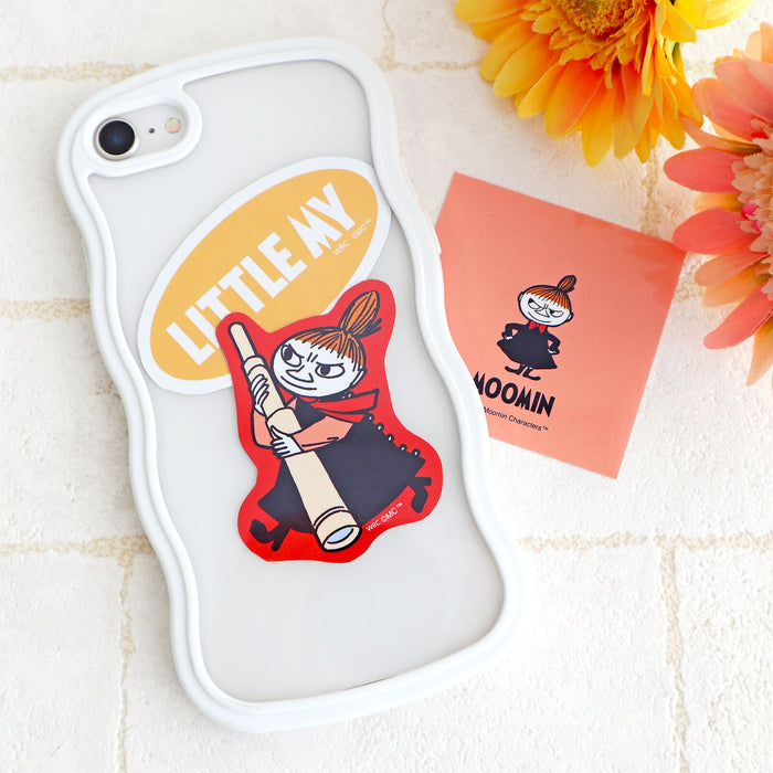 Little My character sticker from the World Craft Moomin sticker set applied to a phone case, shown alongside the flowers and Little My card.